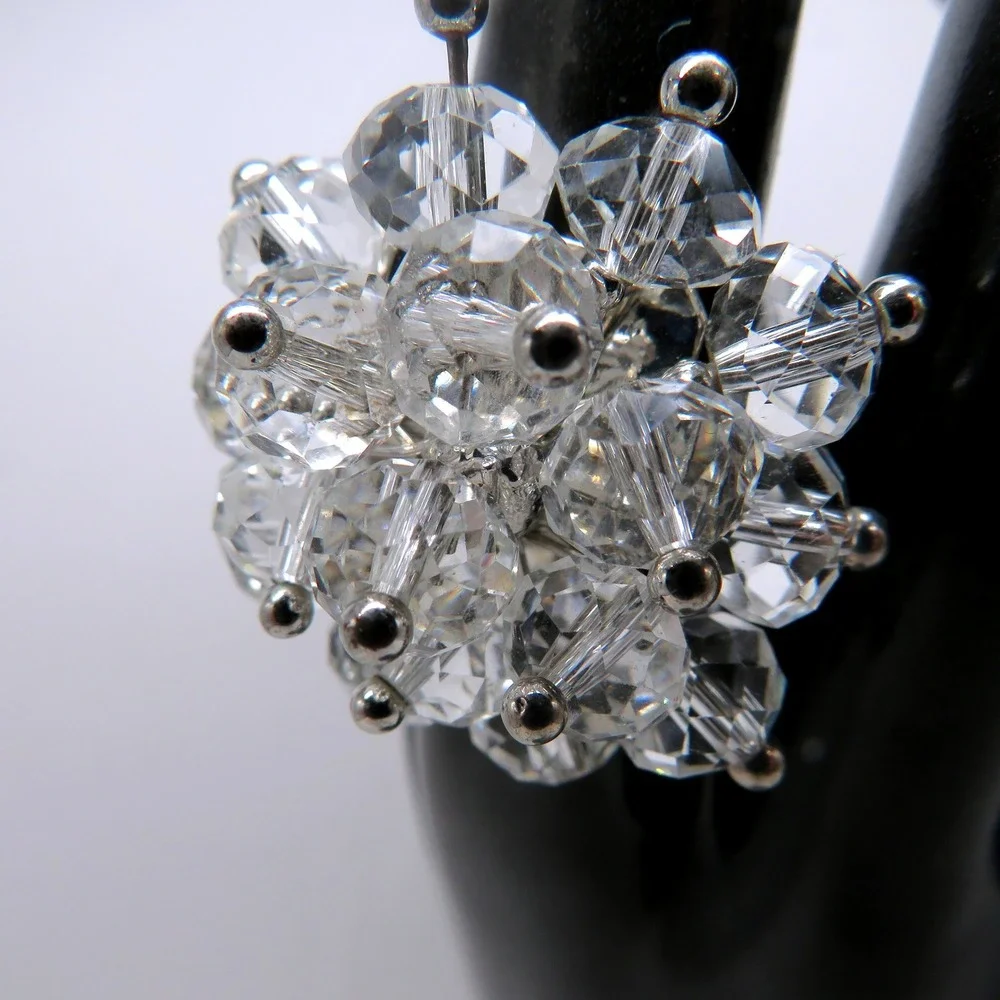 Vintage Style Clear Crystal Bead Cluster Cocktail Ring Silver Tone Size 6 Adj